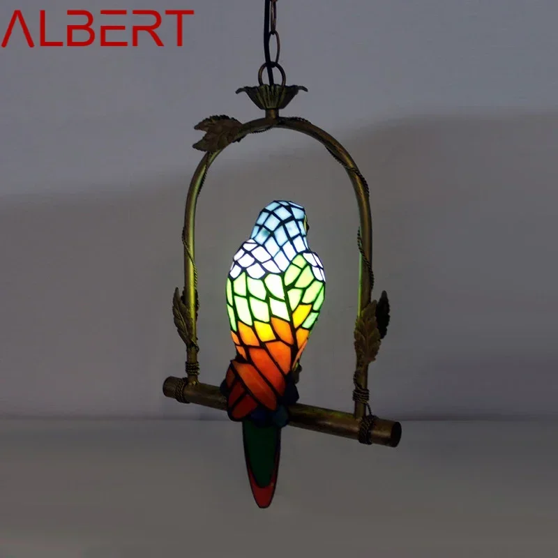 ALBERT Tiffany Parrot Pendant Lamp LED Vintage Creative Glass Hanging Light for Home Decor Balcony Study Aisle Chandelier