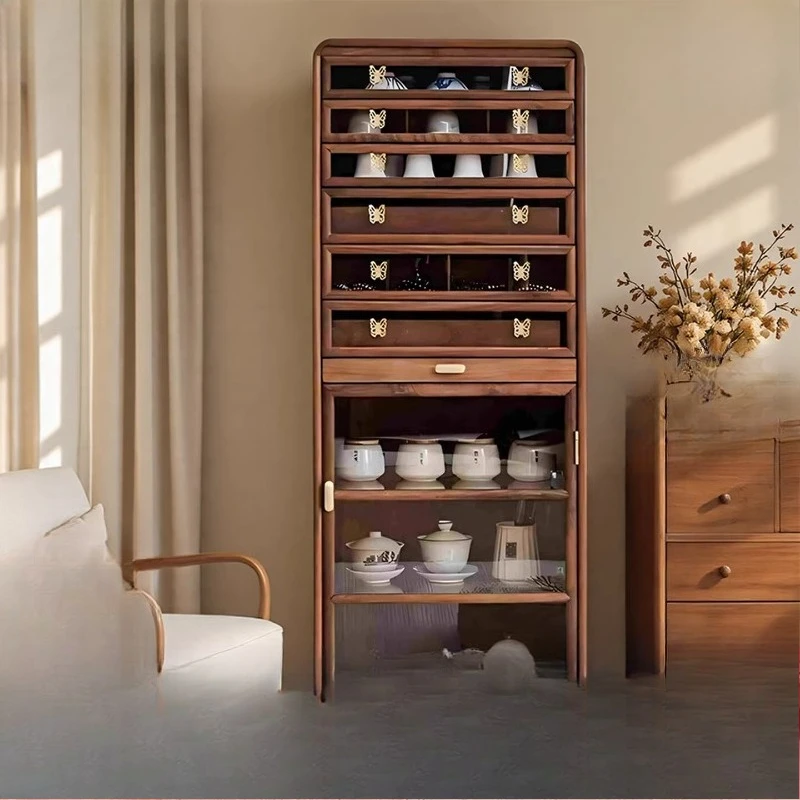 Black walnut solid wood teacup tea set storage floor Wenwan storage cabinet