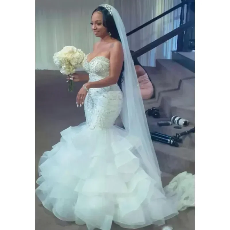 Robes de mariée sirène sexy personnalisées perles paillettes jupe superposée grande taille robe de mariée compte train brillant fermeture éclair dos Bri