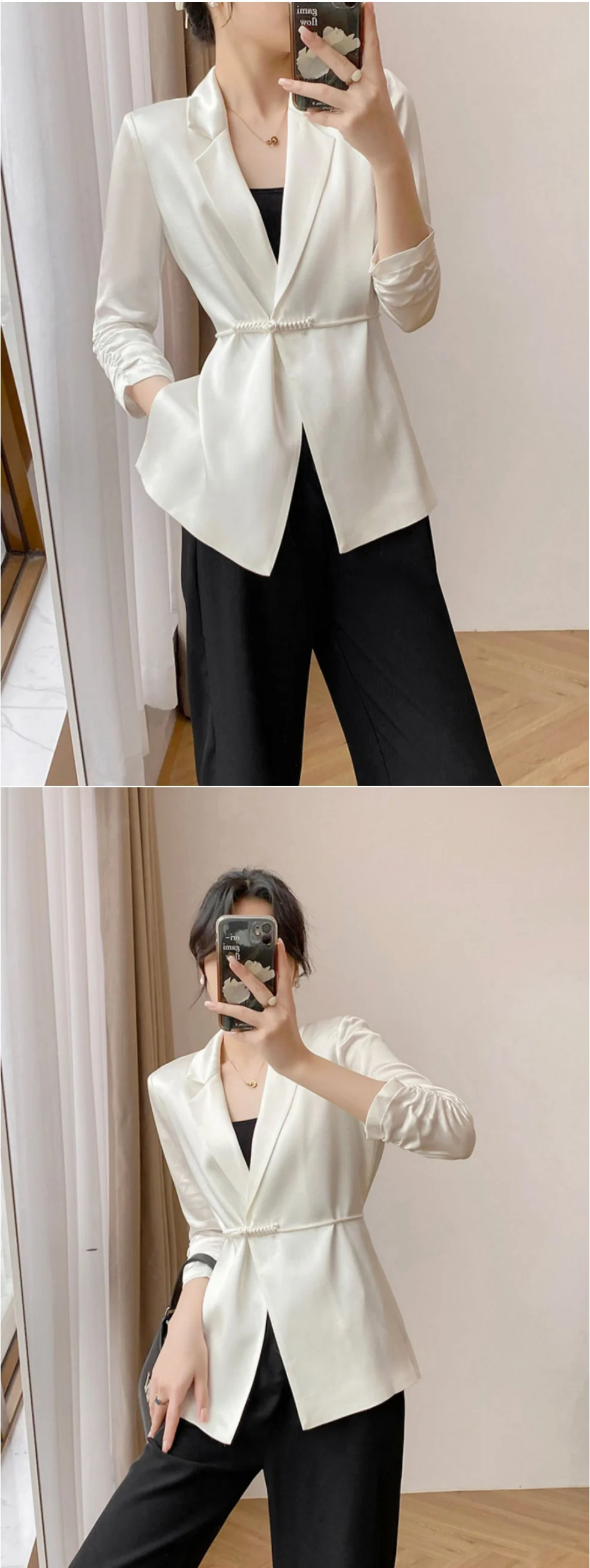 Damenjacke für Frühling und Herbst, neue Arbeitskleidung im chinesischen Stil, modischer und eleganter weißer Freizeitblazer, Satin-Acetat-Stoff, schwarzer Blazer mit Dreiviertelärmeln und einem Knopf – Detail 2