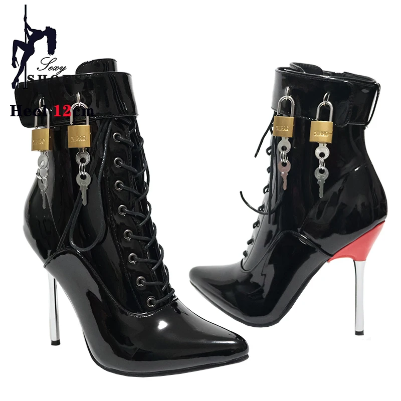 Women Pointed Toe Ankle Strap Boot 12cm Sexy Cross-tied Metal Thin High Shoes Stiletto Buckle Boots with Padlocks Lockable Boots