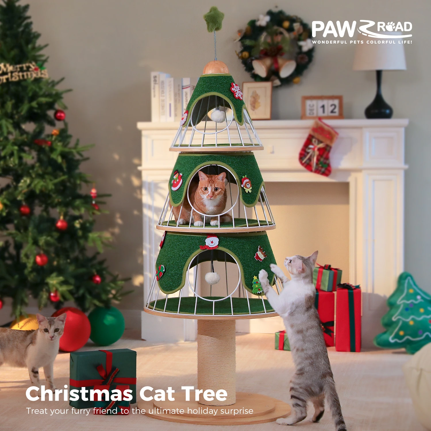 Torre per gatti moderna per albero di Natale con tiragraffi spesso, torre per gatti in legno, 3 condotti, tappetino sostituibile per mobili per gatti resistenti