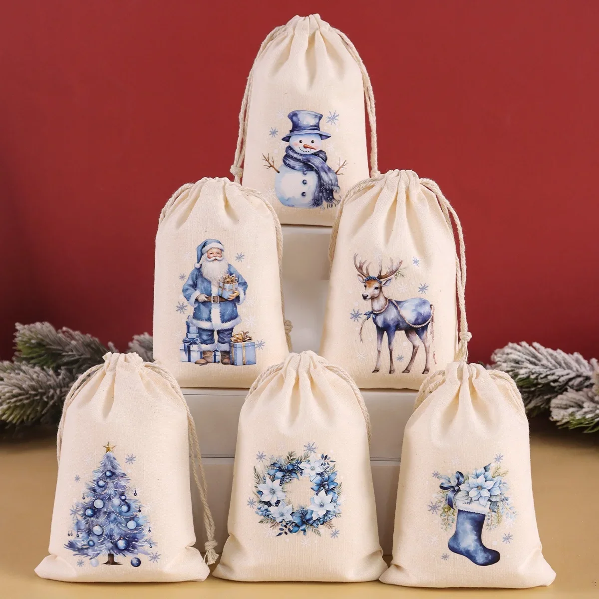 12 Uds. Bolsas de regalo de algodón y lino de Navidad, adornos navideños, bolsa de dulces de embalaje de Navidad 2025, decoración navideña de Año Nuevo 2026