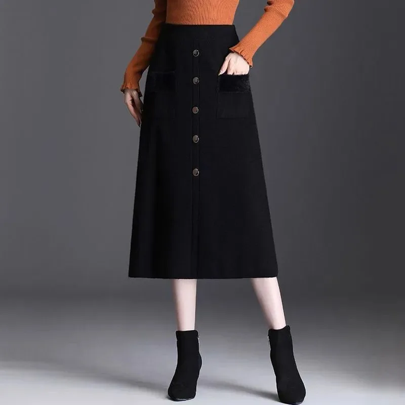 Knitted Skirt Women's Autumn Winter New High-waist Slim A-line Skirt Mid-length Thickened Winter Skirt Woolen Skirt