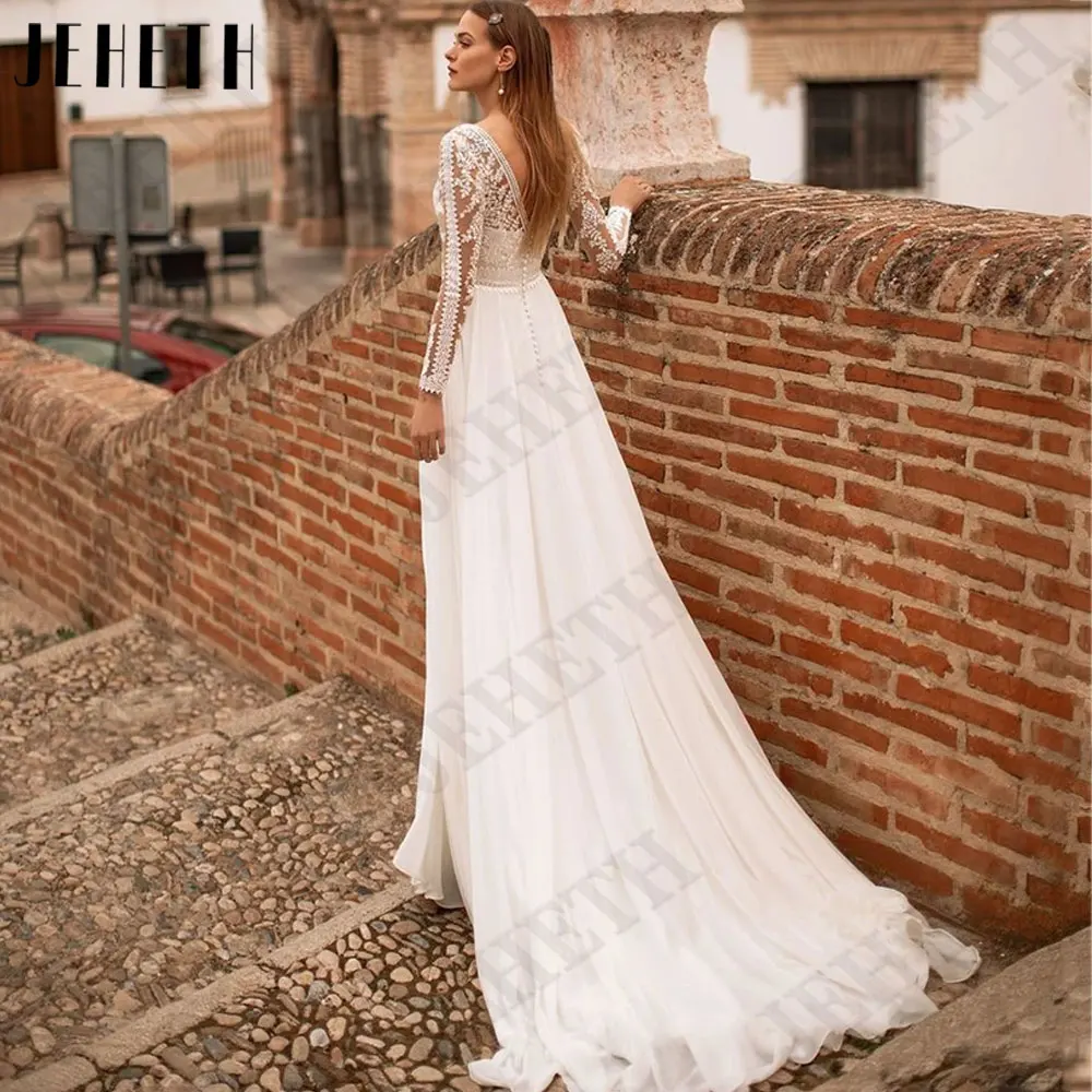 JEHETH Lace Appliques Chiffon Bride Gown A-Line Full Sleeves Wedding Dresses Back Buttons Backless vestidos de novia Custom Made