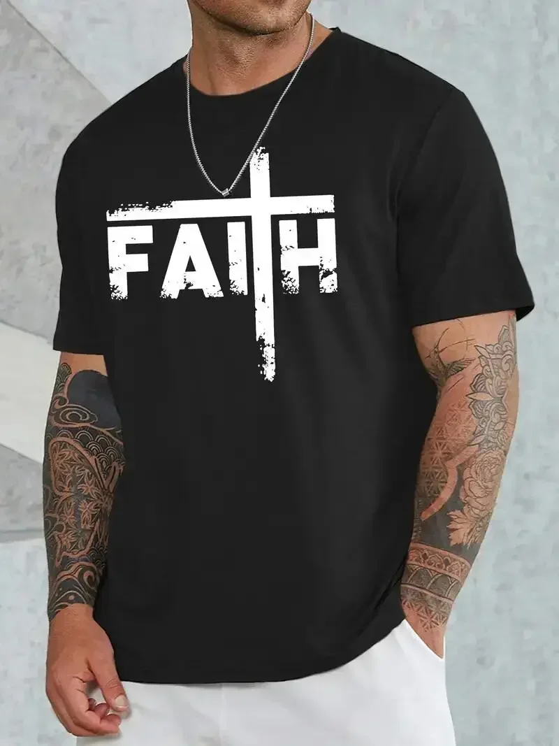 Faith Men's Vintage T-shirt for Summer Outdoor, Casual Slightly Stretch Crew Neck Tee Short Sleeve Graphic Stylish Clothing