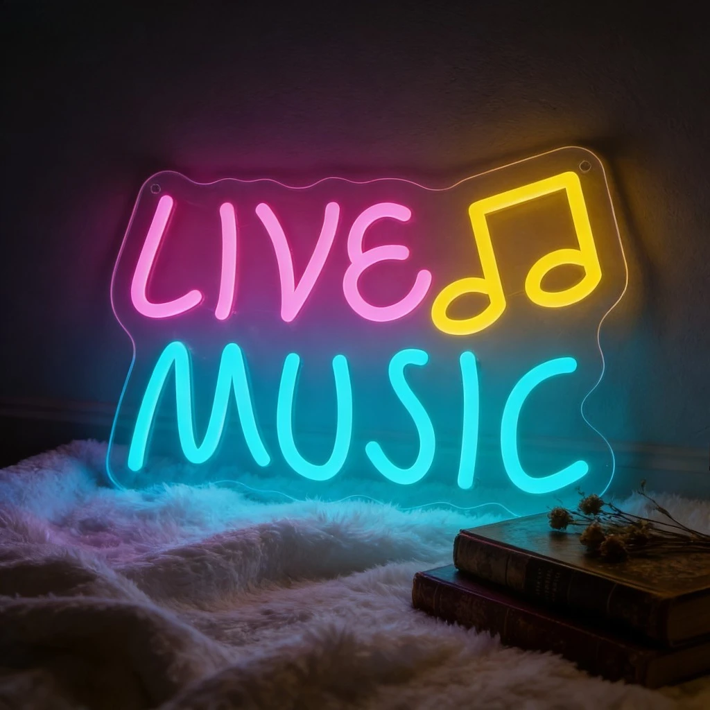 

Неоновая вывеска LIVE MUSIC с нотами, светодиодный настенный декор для дома, бара, кафе, создания атмосферы на сцене, энергосберегающее красочное освещение, подарок
