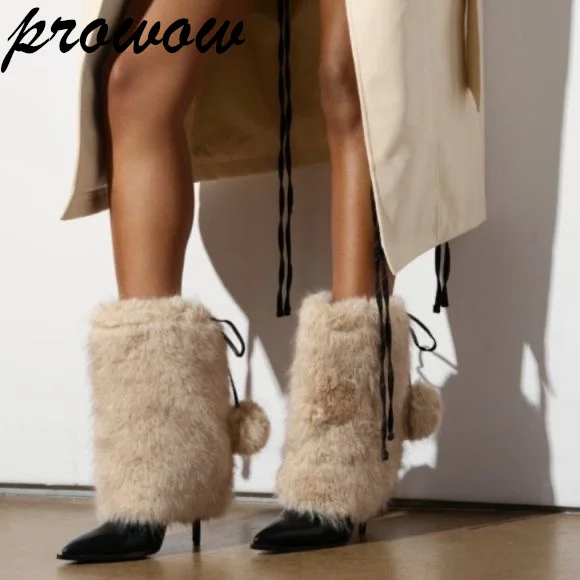 

Prowow Fur Ball Decor Черные ботинки с острым носком без шнуровки Женская обувь на тонком высоком каблуке Вечеринка Банкет Свидание 2024 Zapatos Para Mujere