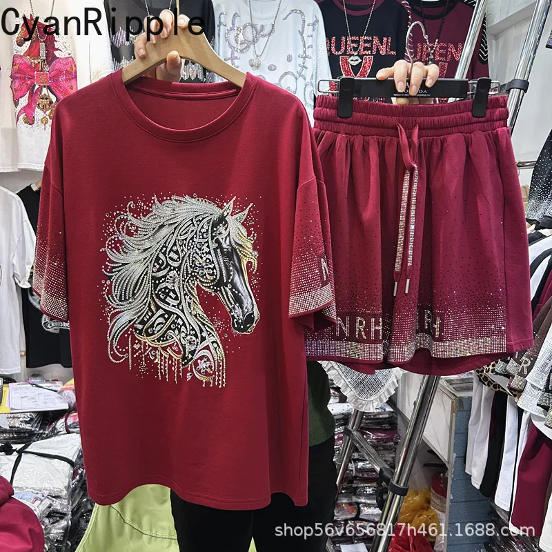 

Fashionable Spring Summer Women Sets Luxury Horse Hot Diamonds Loose Short Sleeve T-shirt Top + Elastic Waist Wide Leg Shorts