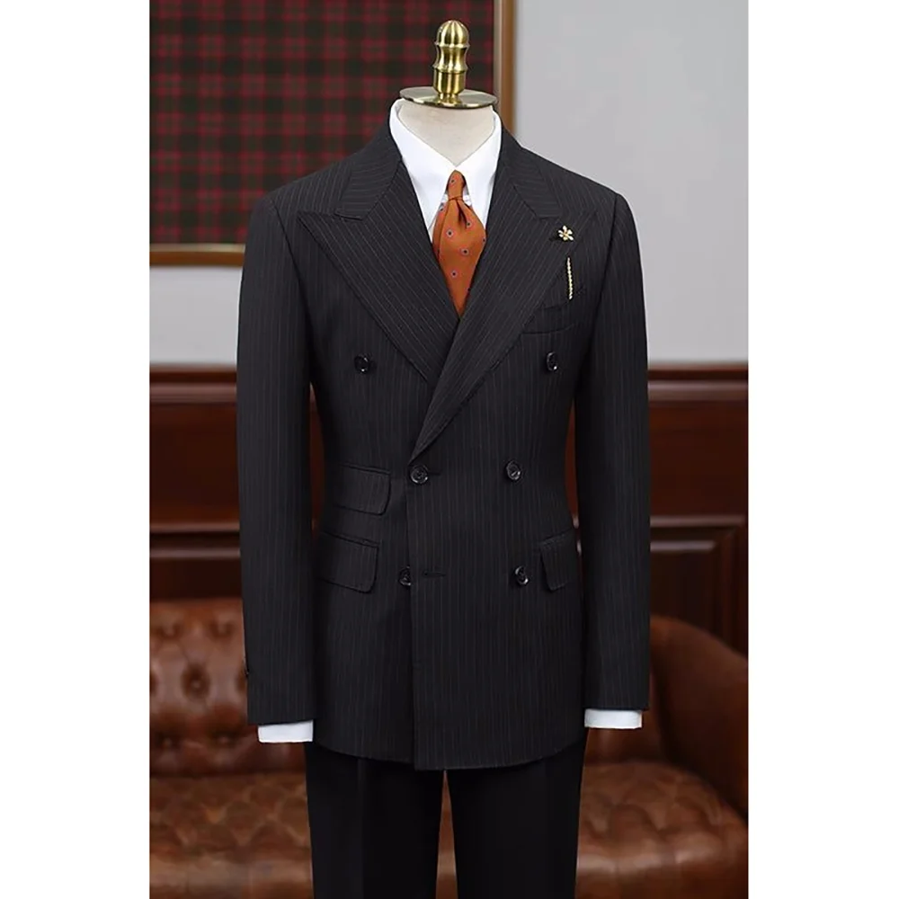 

Black Stripe Peaked Lapel Double Breasted Men Suits Wedding Formal Party Fashion Man Sets Banquet Sets 2 Pieces (Jacket+Pants)