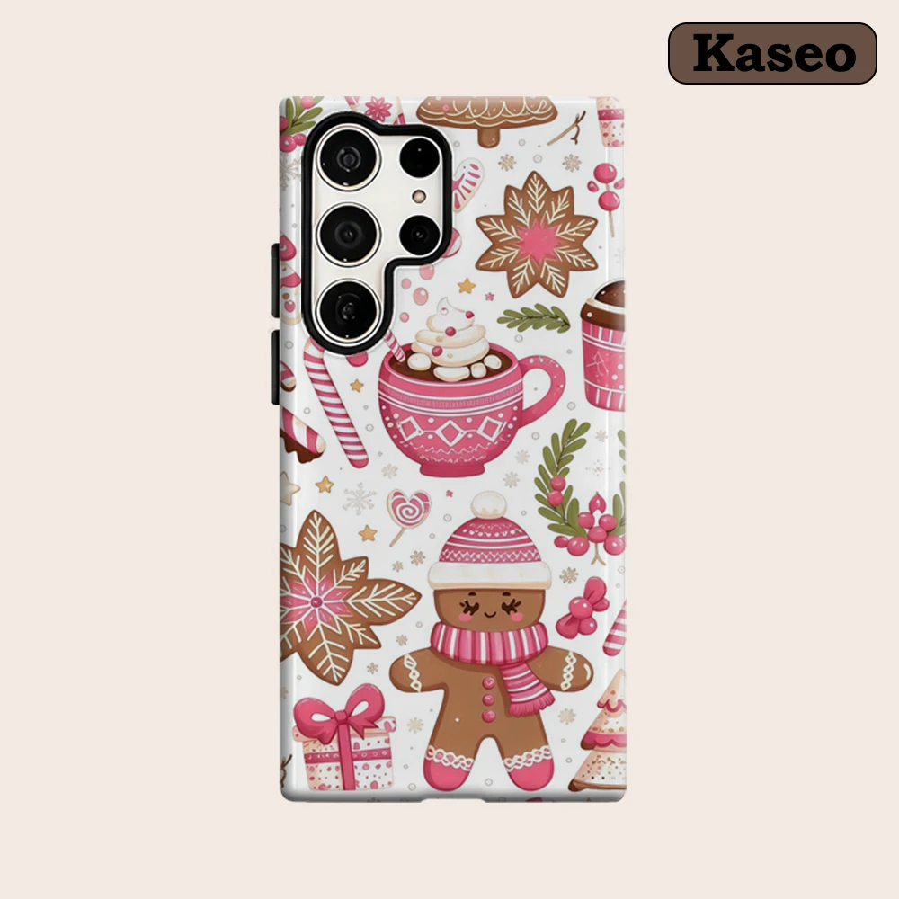 Kaseo Phone Case for Samsung Galaxy S26 S25 Ultra S24 Ultra Plus Shockproof Double Layer Pink Christmas Gingerbread Motif Cover