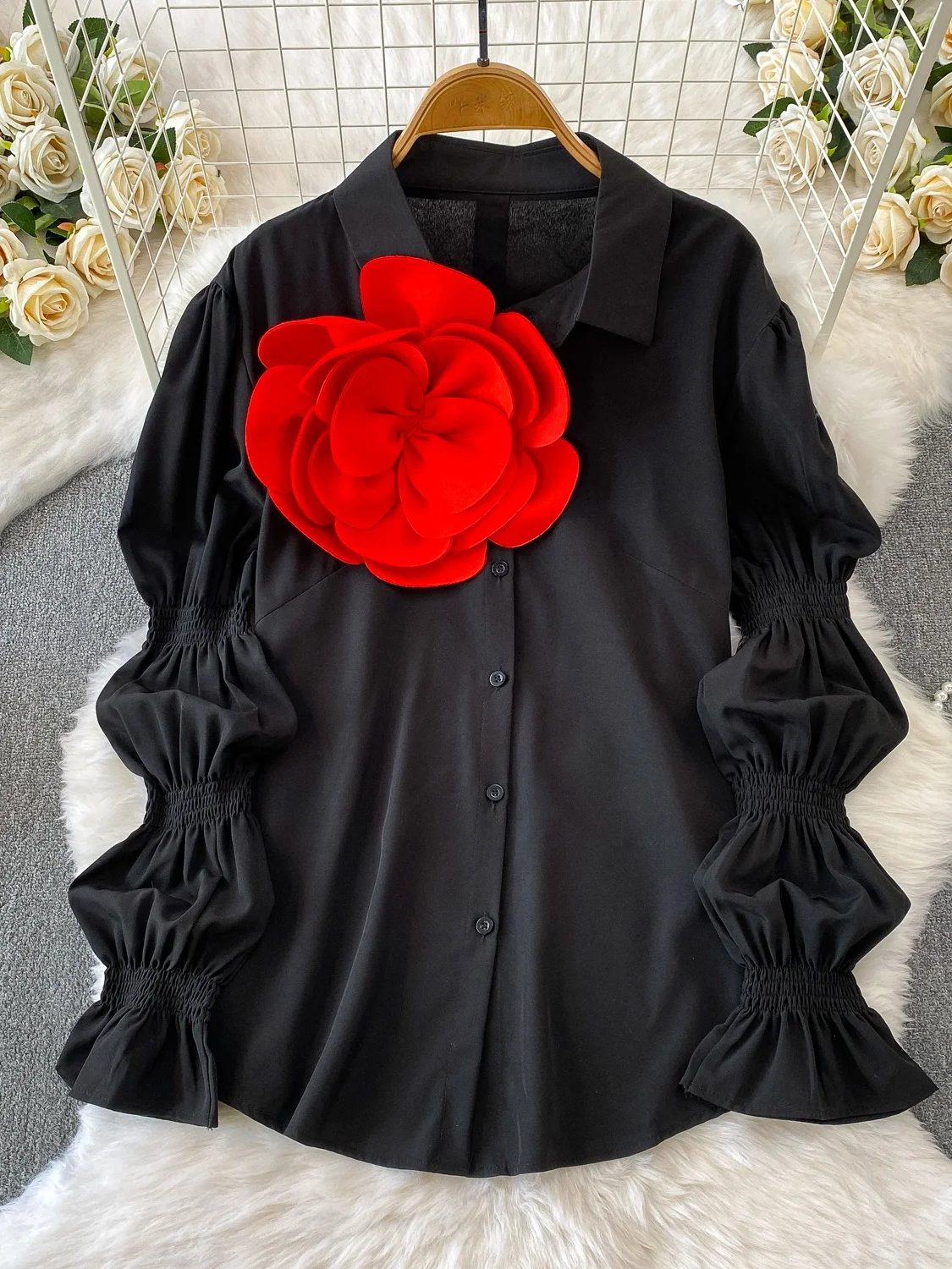 

Elegant Loose Women's Shirt with Lantern Sleeves And 3D Flower Decoration Korean Style Commute Fashion Summer Trend Outerwear
