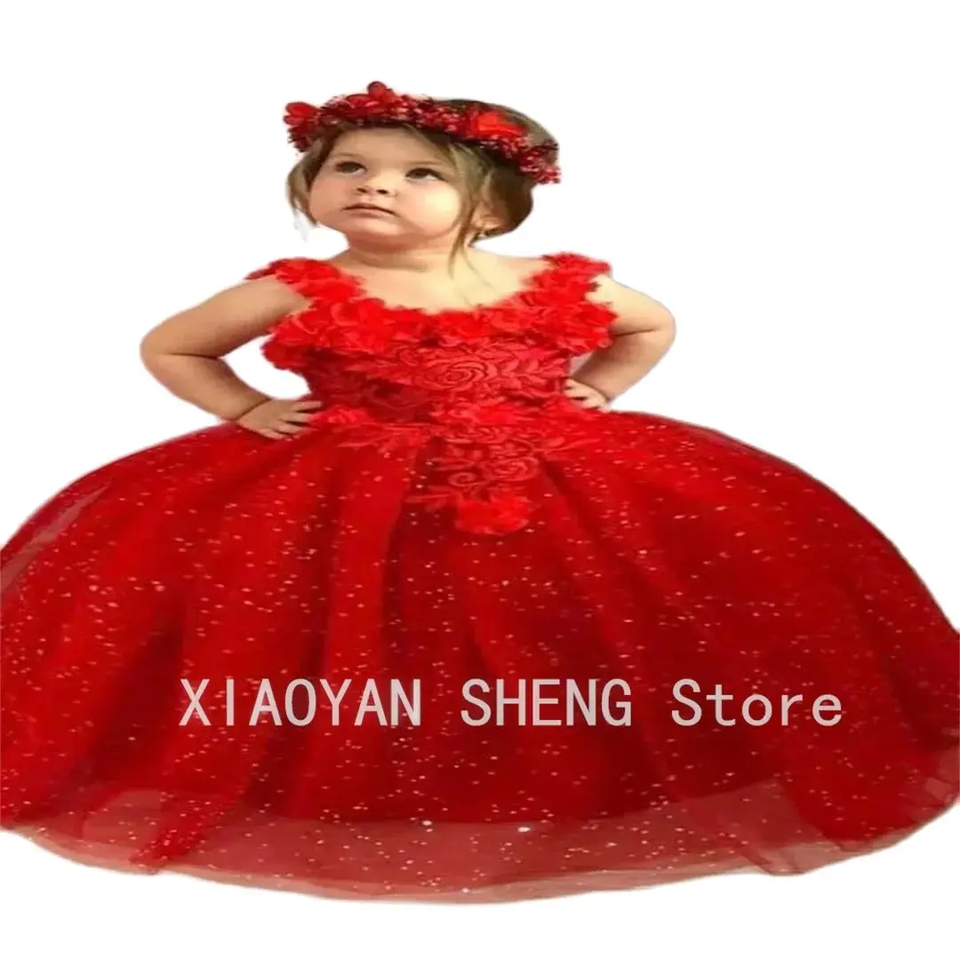 Rotes Baby Taufe Blumen mädchen Kleid Geburtstag Applikation ersten Geburtstag Fotoshooting Prinzessin Kommunion Kleid