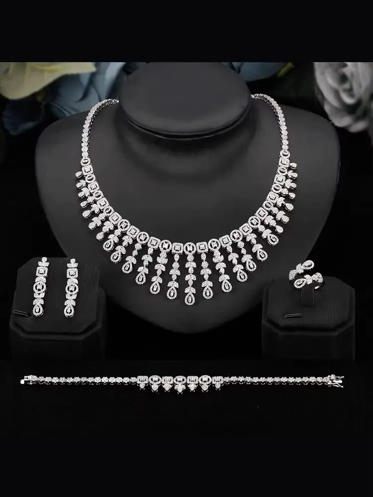 

JEWEL женский модный комплект ювелирных изделий, 4 шт., ожерелье, кольцо, серьги, браслет, блестящий кубический цирконий, супер качество, женские аксессуары