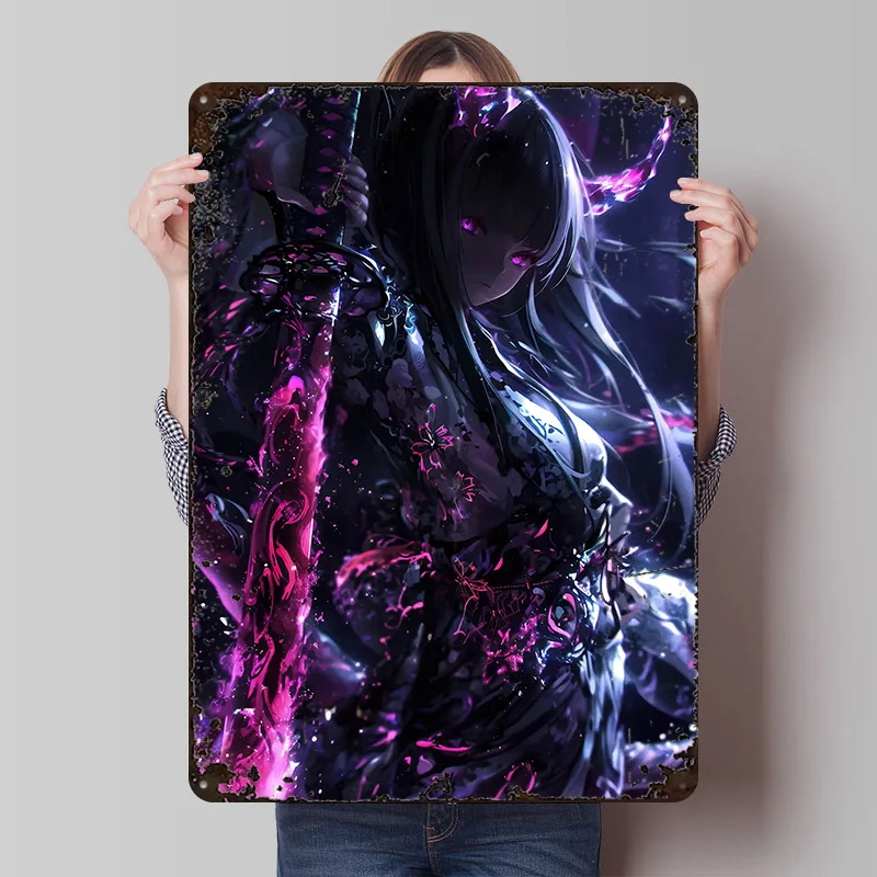 Anime-Mädchen mit Schwert Poster Individualisierte Vintage Metallschilder Wandkunst Retro Blechschild für Moderne Heimdekoration Luxuriöses Interieur