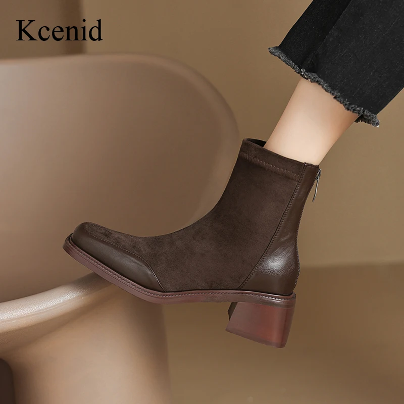 

Kcenid New Arrivals Fashion Concise Square Head Short Boots Women Winter Splicing Elegant Modern Boots Square Heel Winter Shoes
