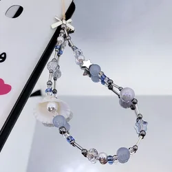Natural Seashells Mobile Phone Charm Strap Chain Lanyard Women Cute Shell Blue Glass Pearl Glass Beads Girls Y2K Pendant Jewelry