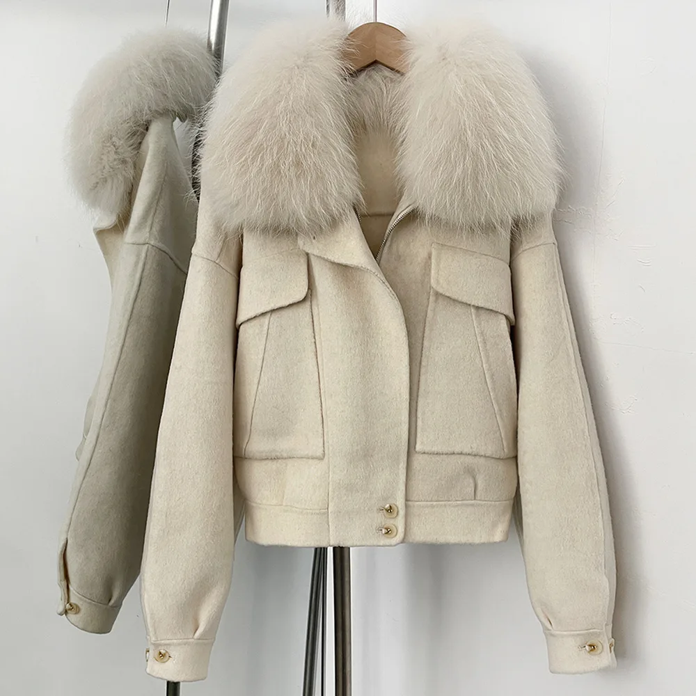 2025 Winter Women's New Joker Raccoon Fur Collar Double-Sided Woolen Coat