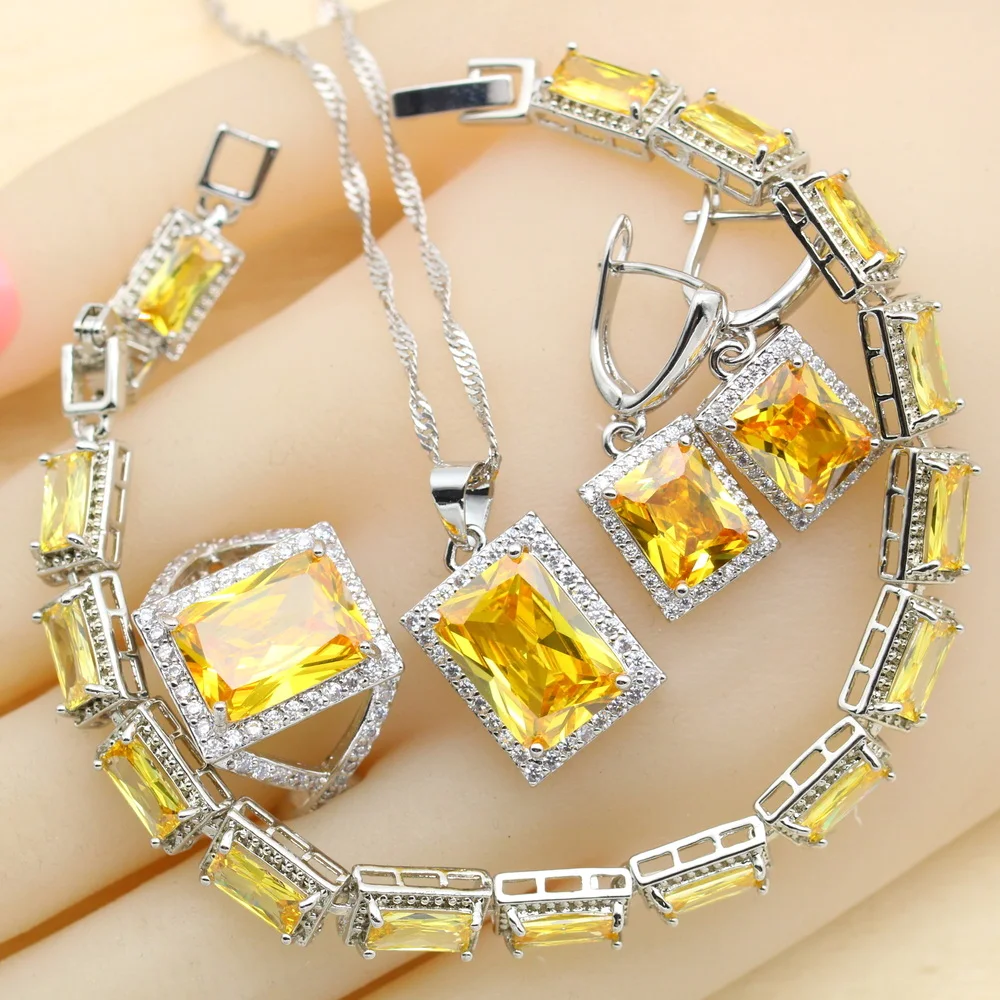 Bridal Jewelry Sets For Women Yellow Zirconia Necklace Pendant Earrings Ring Bracelet Gift Box