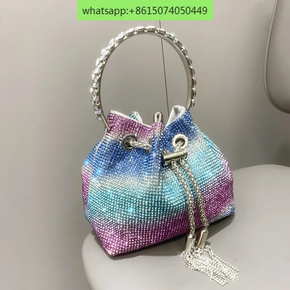 European and American ladies handbag shiny crystal handbag hand-studded metal ring bucket bag