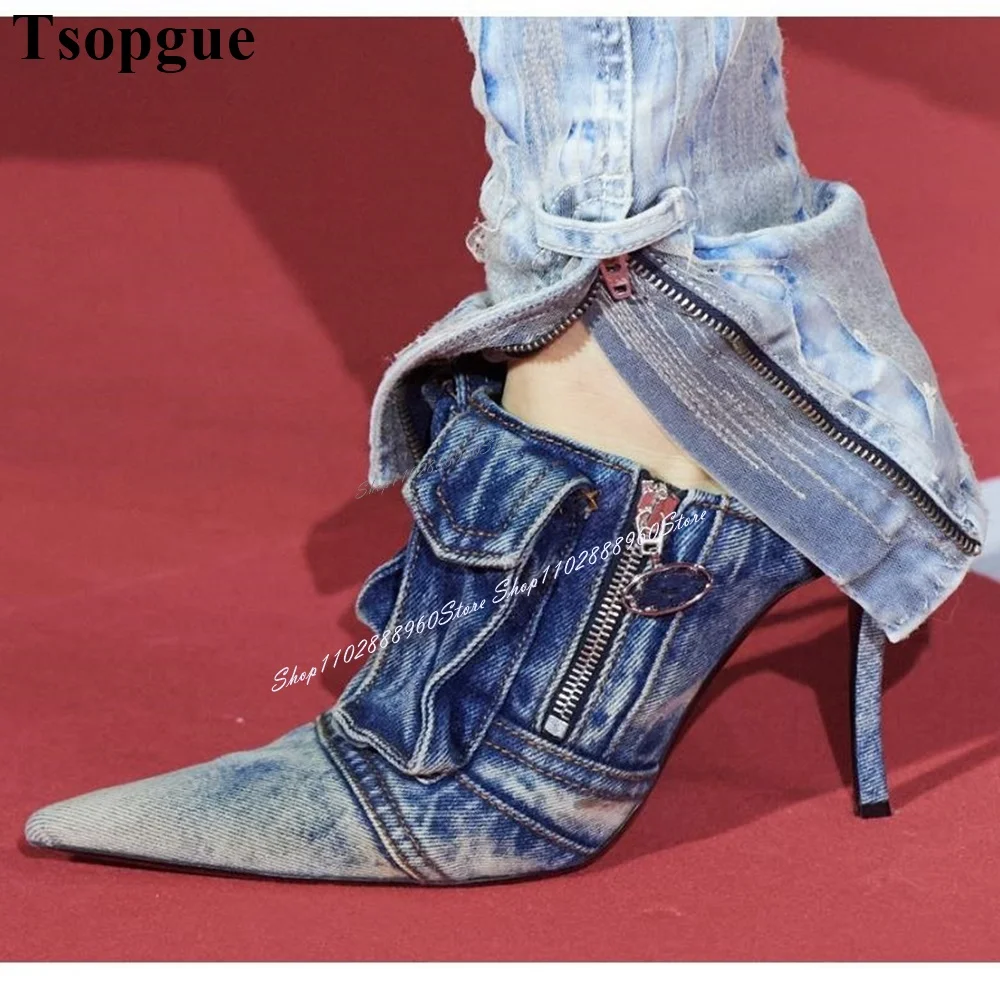 Blue Denim Zipper Pocket Decor Slippers Cut Heel Thin High Heel Women Shoes Slip On Pointed Toe 2024 Fashion Zapatos Para Mujere