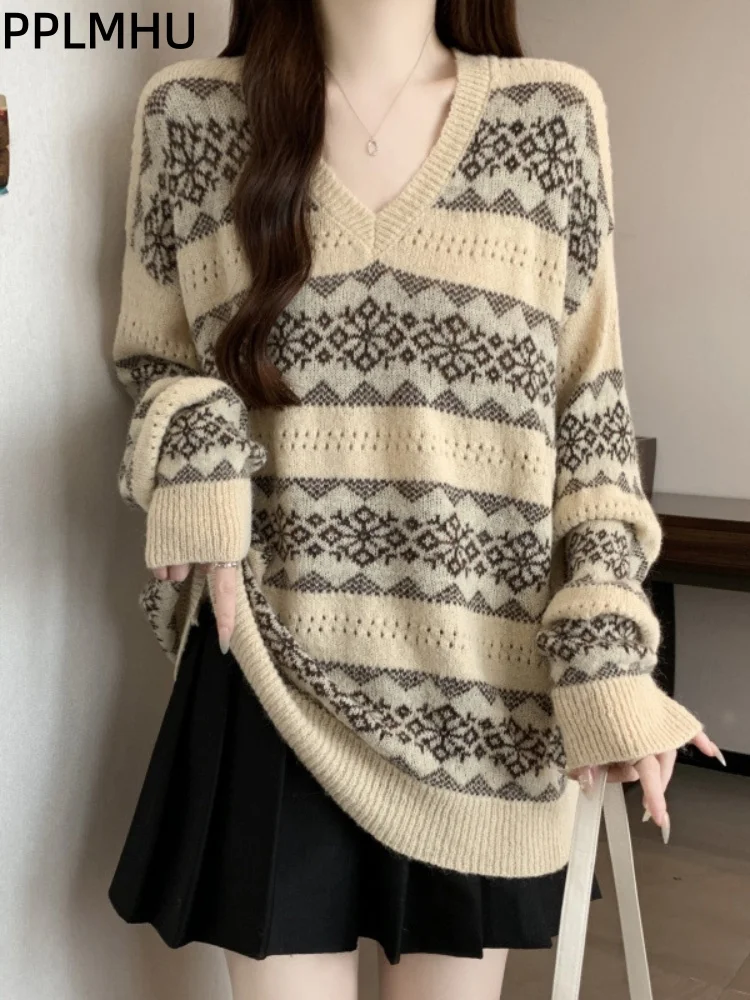 V-Ausschnitt Jacquard Baggy Strickpullover Damen Lässiger Lockerer Koreanischer Mode-Strickpullover Vintage Weicher Pullover