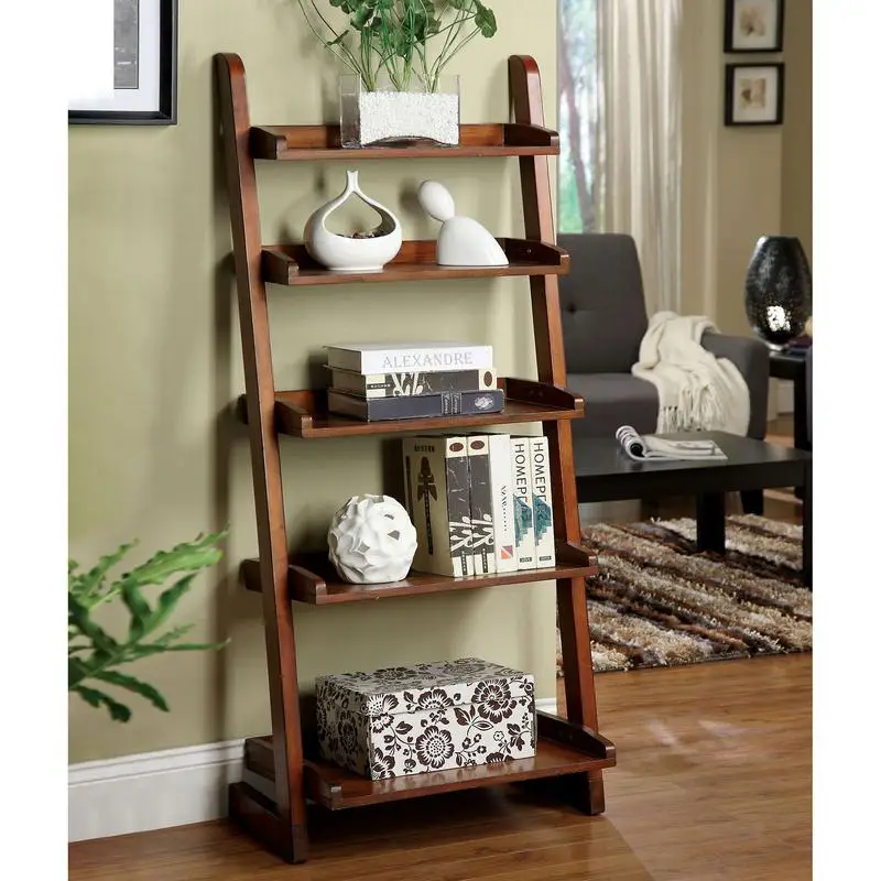 

Modern 5-Tier Oak Ladder Shelf for Books and Living Room Display
