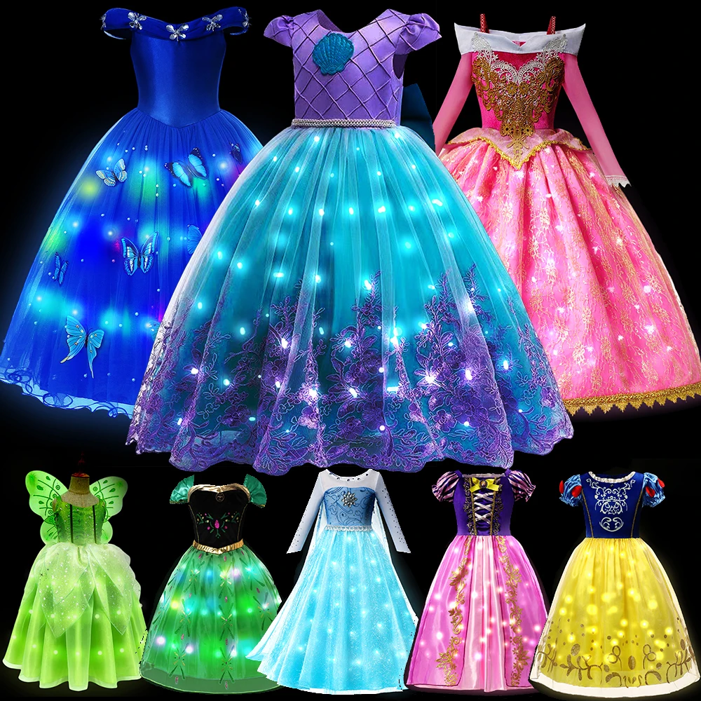 Mermaid Princess Ariel LED Light Up Dress for Girls Kids Cosplay Party Clothes Frozen Elsa Anna Carnival Christmas Prom Gown