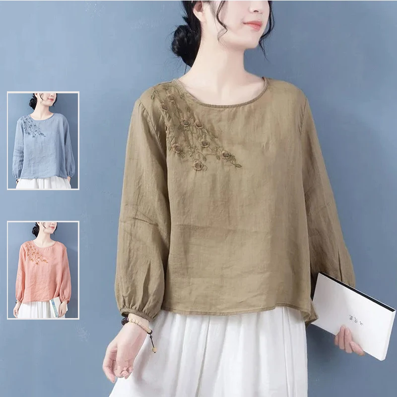 

Ele Embroidered Cotton Linen T-irt Spring Large Size Women's round Ne Lantern Sve Front ort Ba Long Lightweigh...