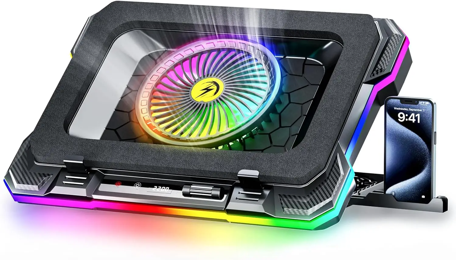 

RGB Gaming Laptop Cooling Pad with 5.5" Turbo Fan, Rapid Cooling for 15.6-19.3" Laptops, Adjustable Speed and Height