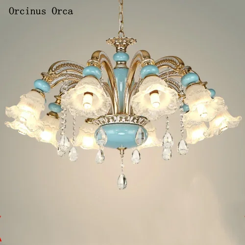 

New luxury blue crystal ceramic chandelier living room restaurant bedroom Creative Art Glass Flower Chandelier