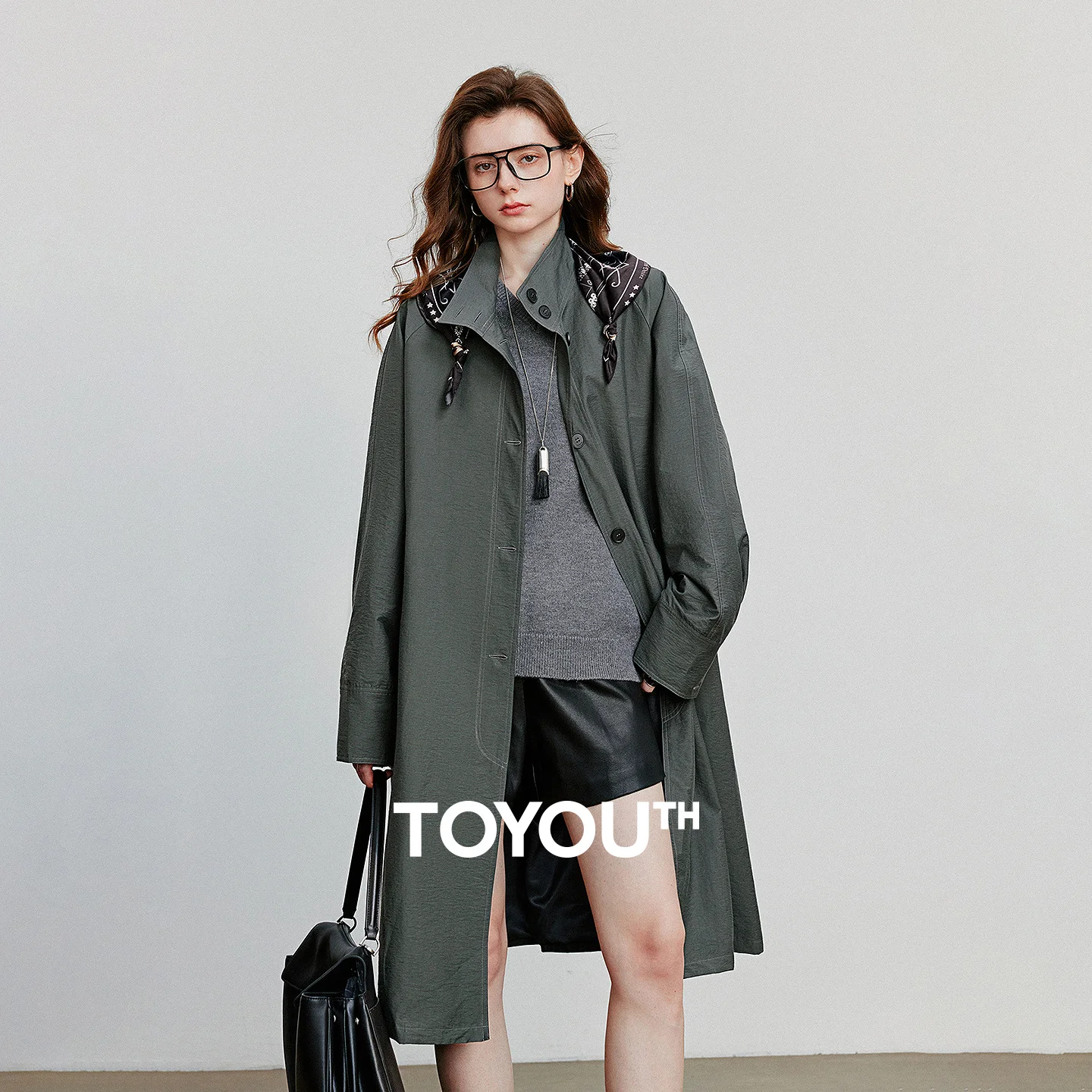 TOYOUTH Women Trench Coat 2025 Autumn New Barn Style Stand Up Collar Lightweight Mid Length Windbreaker Jacket