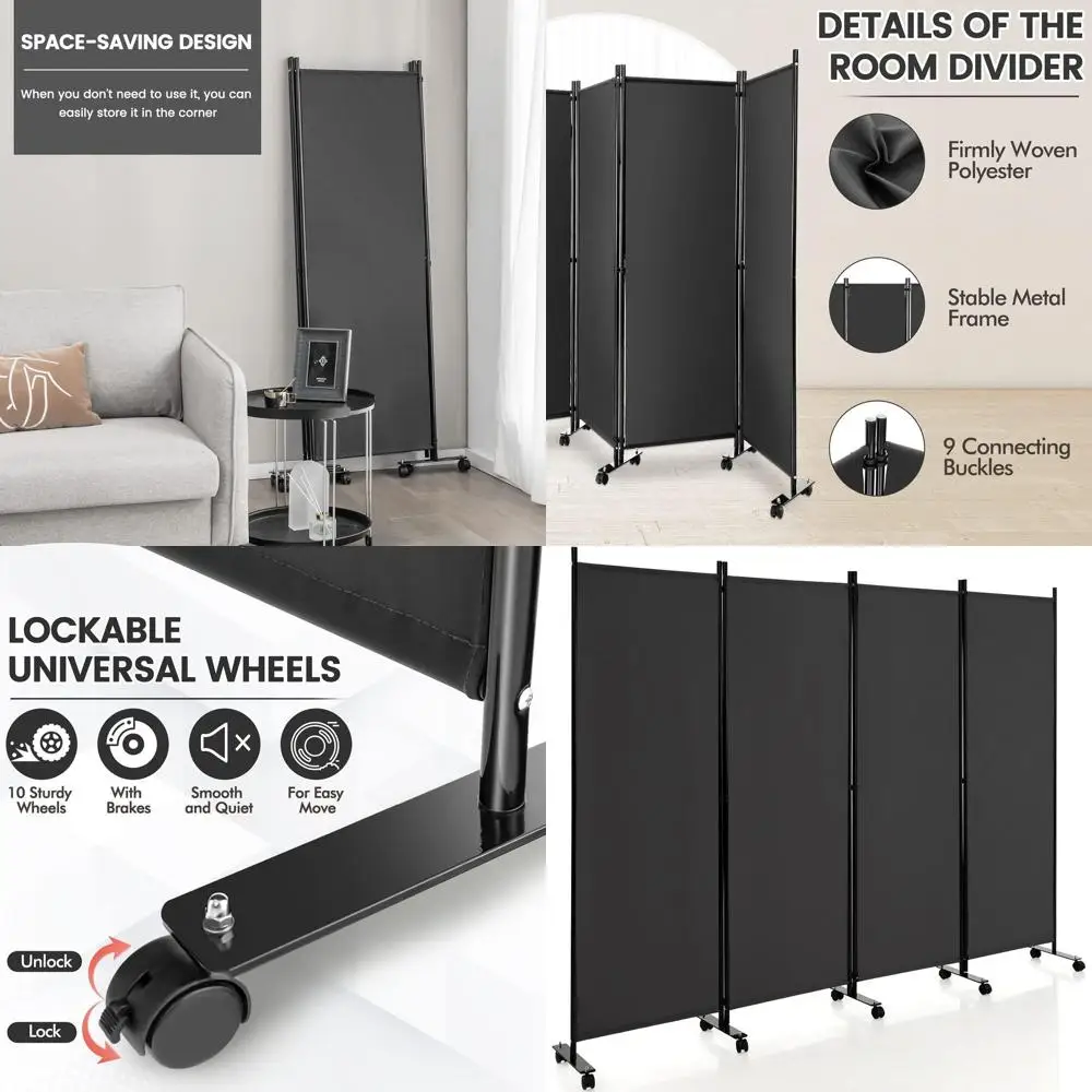 

Gray 89W x 68H 4-Panel Room Divider with Lockable Wheels for Privacy and Home/Office Use