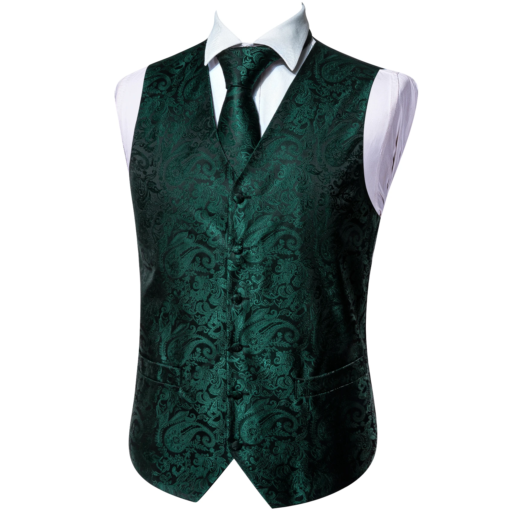 Luxury Mens Vest Suit Green Paisley Flower Slim Fit Male Dress Sleeveless Formal Work Waistcoat Tie Hanky Gilet Barry Wang