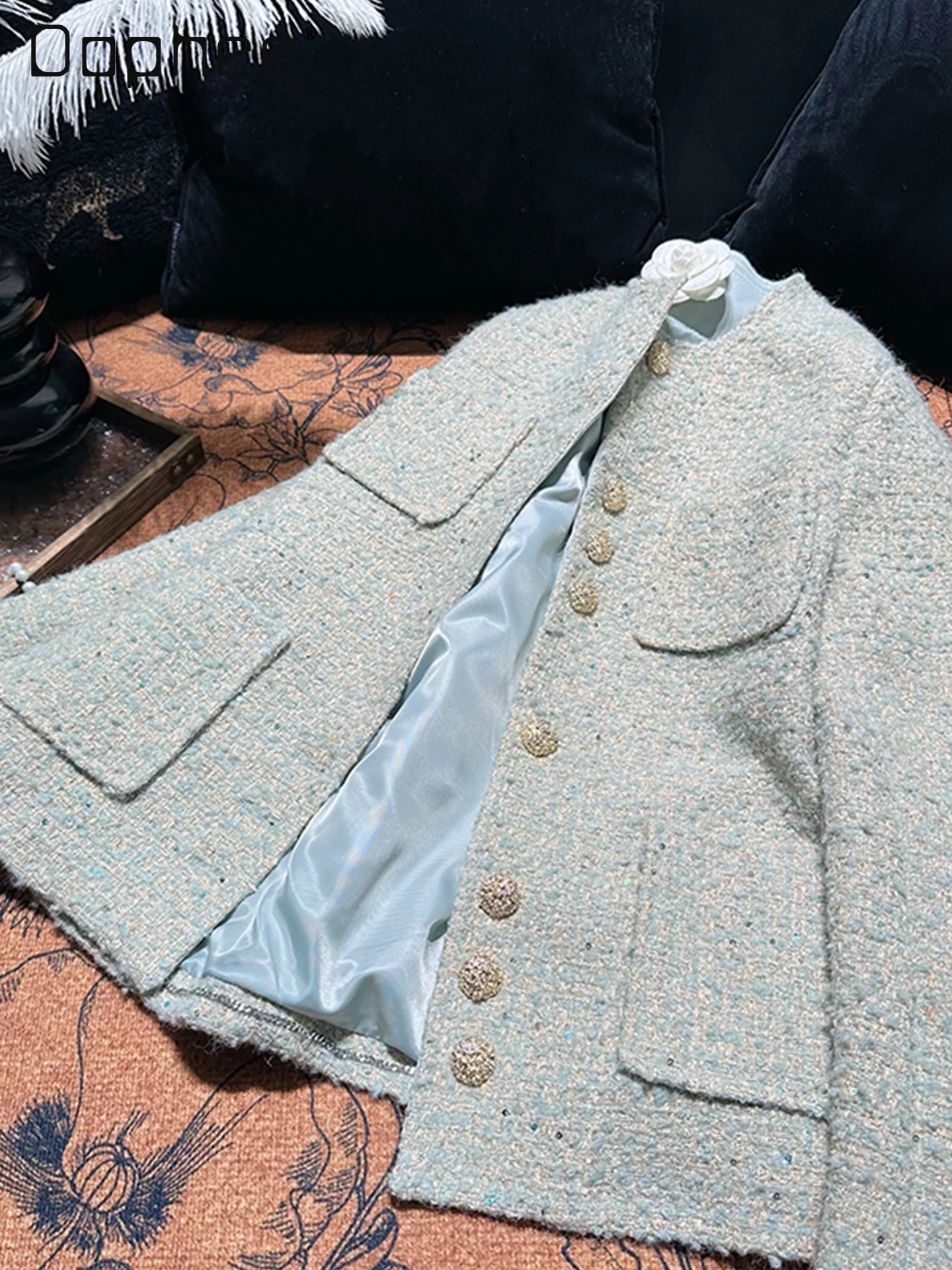 French Style Elegant Socialite Silver Thread Wool Coat Women High-end Fashion Loose Blazer Female Casual Sequin Stylish Coats