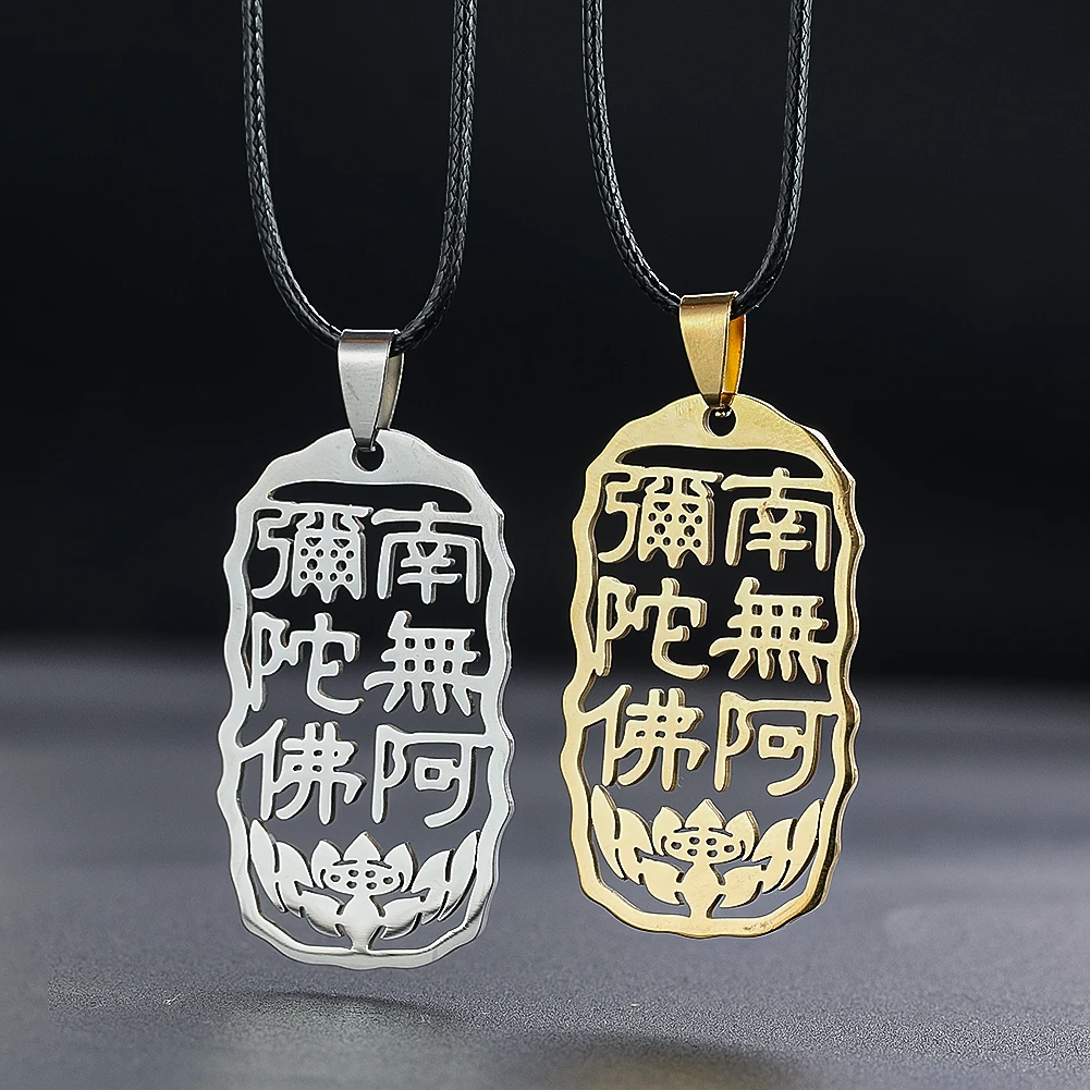 Laser Chinese Namo Amitabha Lotus Flower Stainless Steel Pendant Necklace Meditation Mascot Amulet Dangle Choker Couple Jewelry