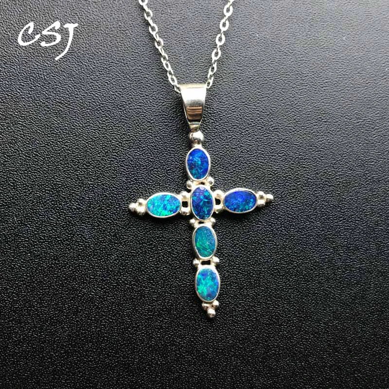 CSJ Trendy Natural Opal Cross Pendant 925 Sterling Silver Origin Australia Hand Made Jewelry Necklace for Women Party Gift