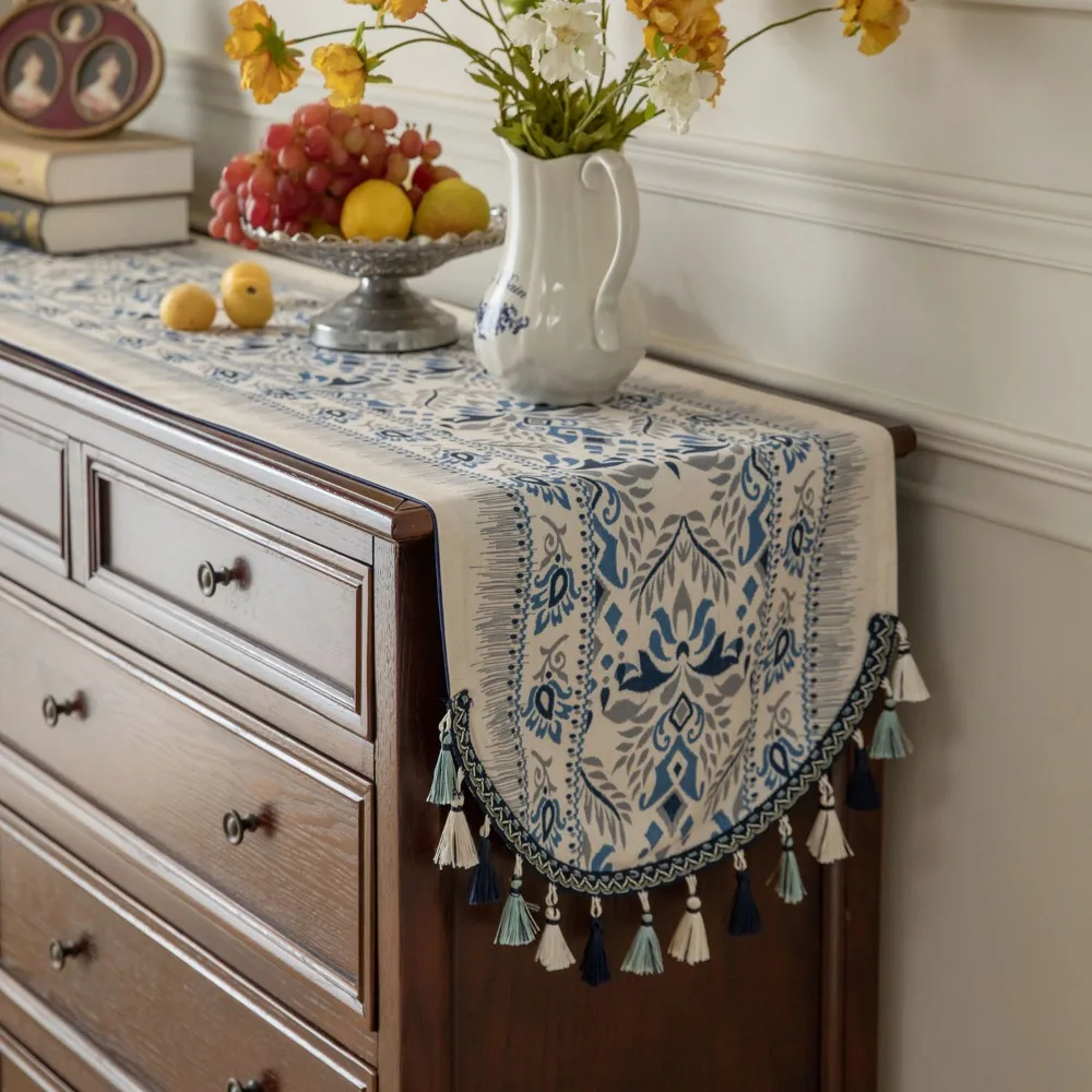 Vintage Country Style Tassel Table Flag Cover Cloth Jacquard Table Runner High-grade Fabric Decorative For Home Kitchen Table 1