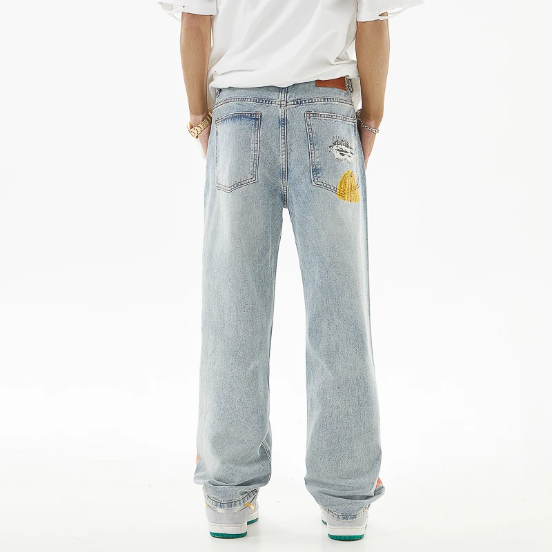 Street Hip-Hop Printed Jeans Men's Trendy Personality Loose Straight Wide Leg Casual Retro High-End Washed Trousers