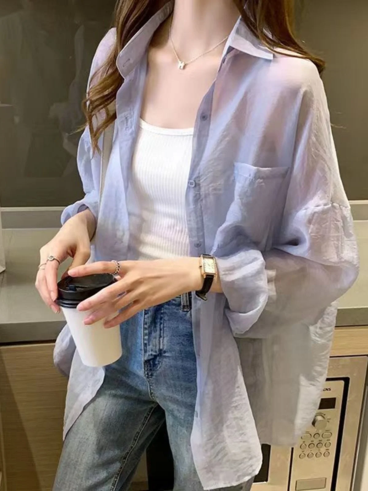 

Summer Fashion Loose Women's Sun Protection Shirt Breathable Chiffon Open Cardigan Versatile Korean Style Long Sleeve Shirt