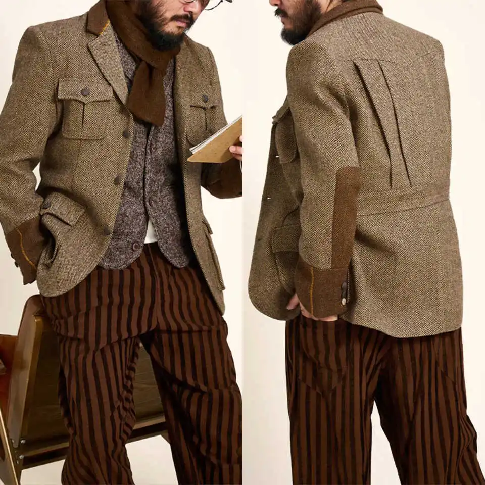 

Stylish Men's Herringbone Tweed Coat Single Breasted Notched Lapel Jacket Blazer Plus Size Outwear Customized One Piece
