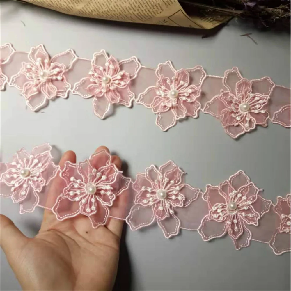 

20Pcs/Lot 8cm Pink Petal Flower Organza Embroidery Fabric Lace Patch Trim Clothes 3D Beading Flower Wedding Dress Diy Applique