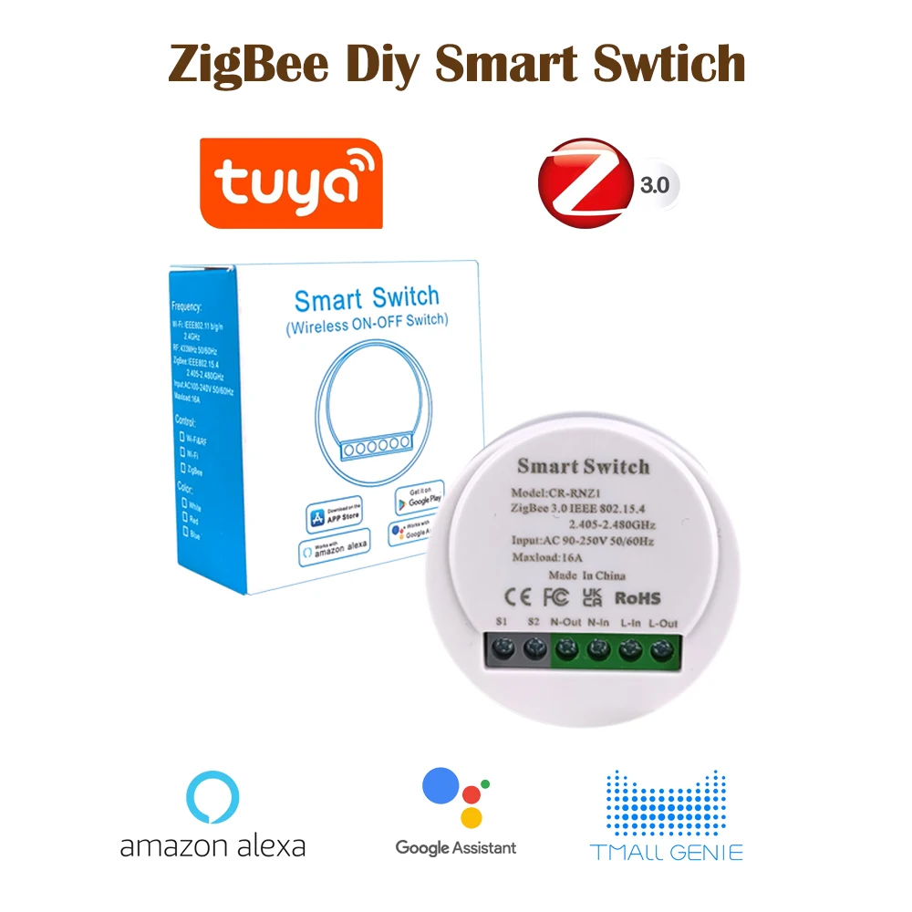 

ZigBee Smart Switch Light Switch DIY Device Tuya/Smart Life App Work with Alexa and Google Home 16A Voltage AC 90-250V