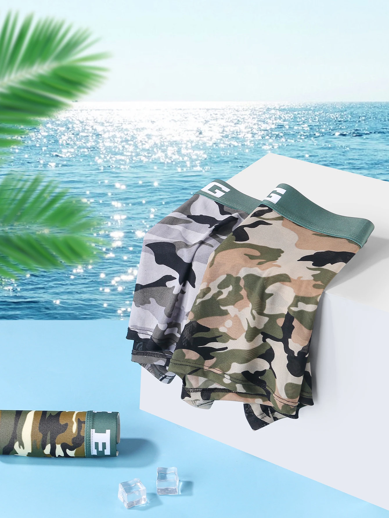 Ice silk underwear men\'s military green anti-bacterial printing summer thin section of young sexy mesh boxer shorts