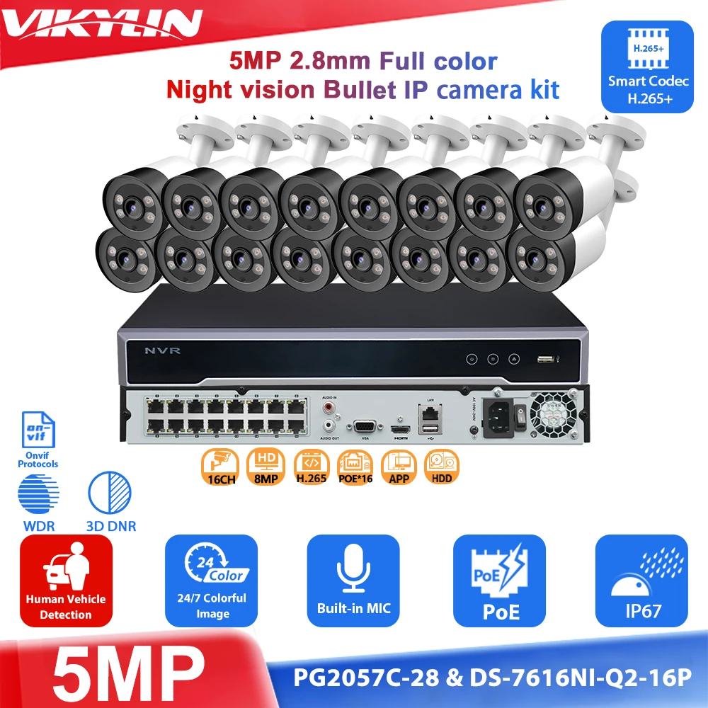 Vikylin 5MP Full Color Night Vision IP Camera 4K 16CH 16POE Network Recorder CCTV Kit Home Security Camera System KIT H.265+