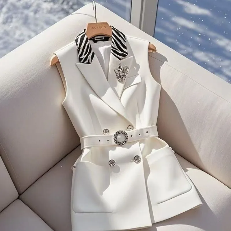 

Spring 2025 Zebra Lapel Patchwork Notched White Jackets Sleeveless Waistcoats Elegant Women Vest Blazers Formal Office Lady New