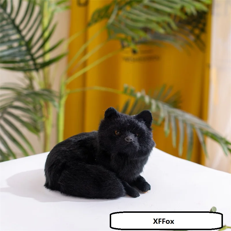 Creative Black Faux Fur Fox Model Ornaments 15x11cm Home Desktop Decoration Unique Gift Simulation Fox Statue