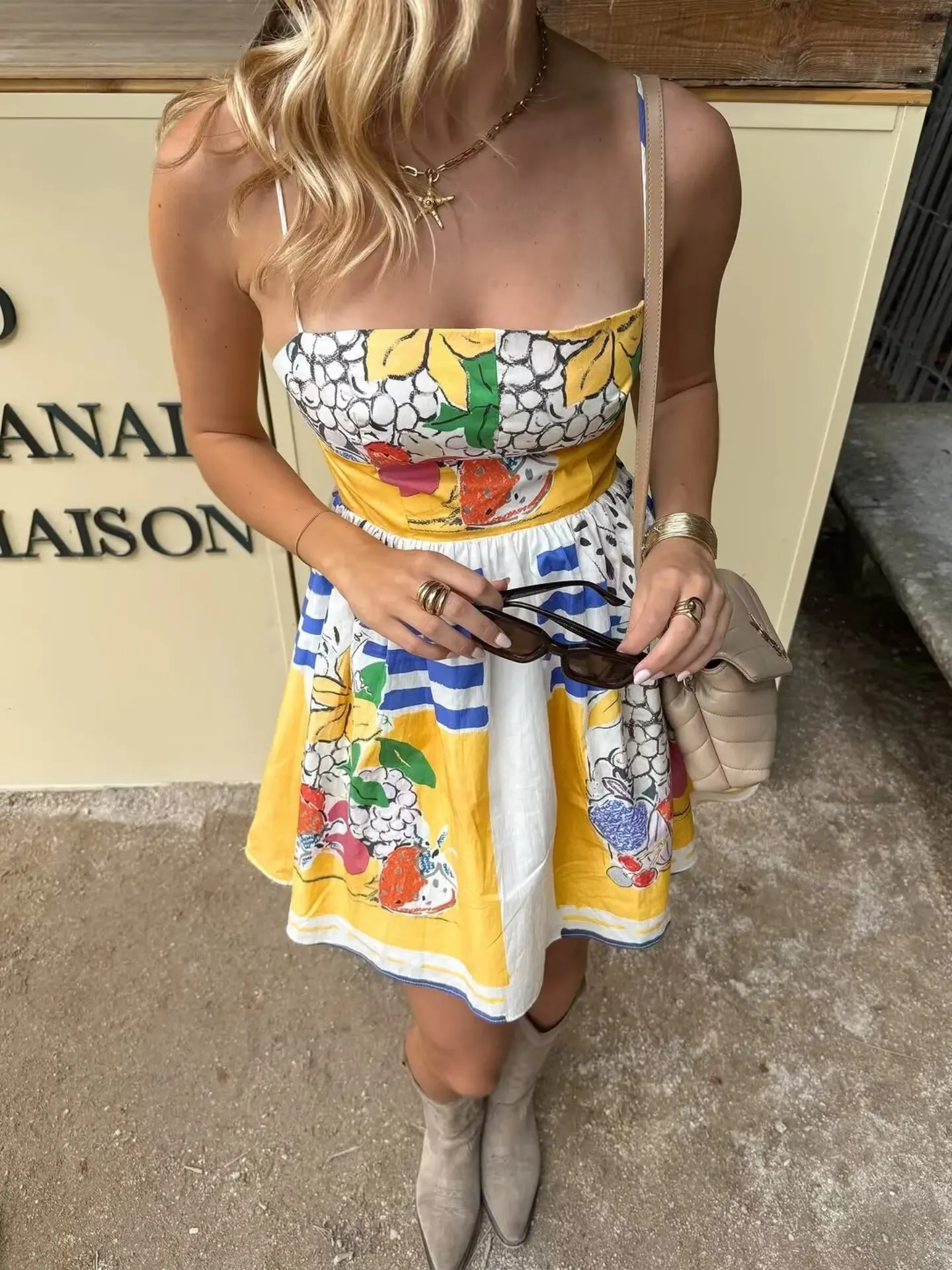 

BB6456 ZA25 Summer New Women's Beach Vacation Style Fruit Printed Poplin Strap Dress 3455341