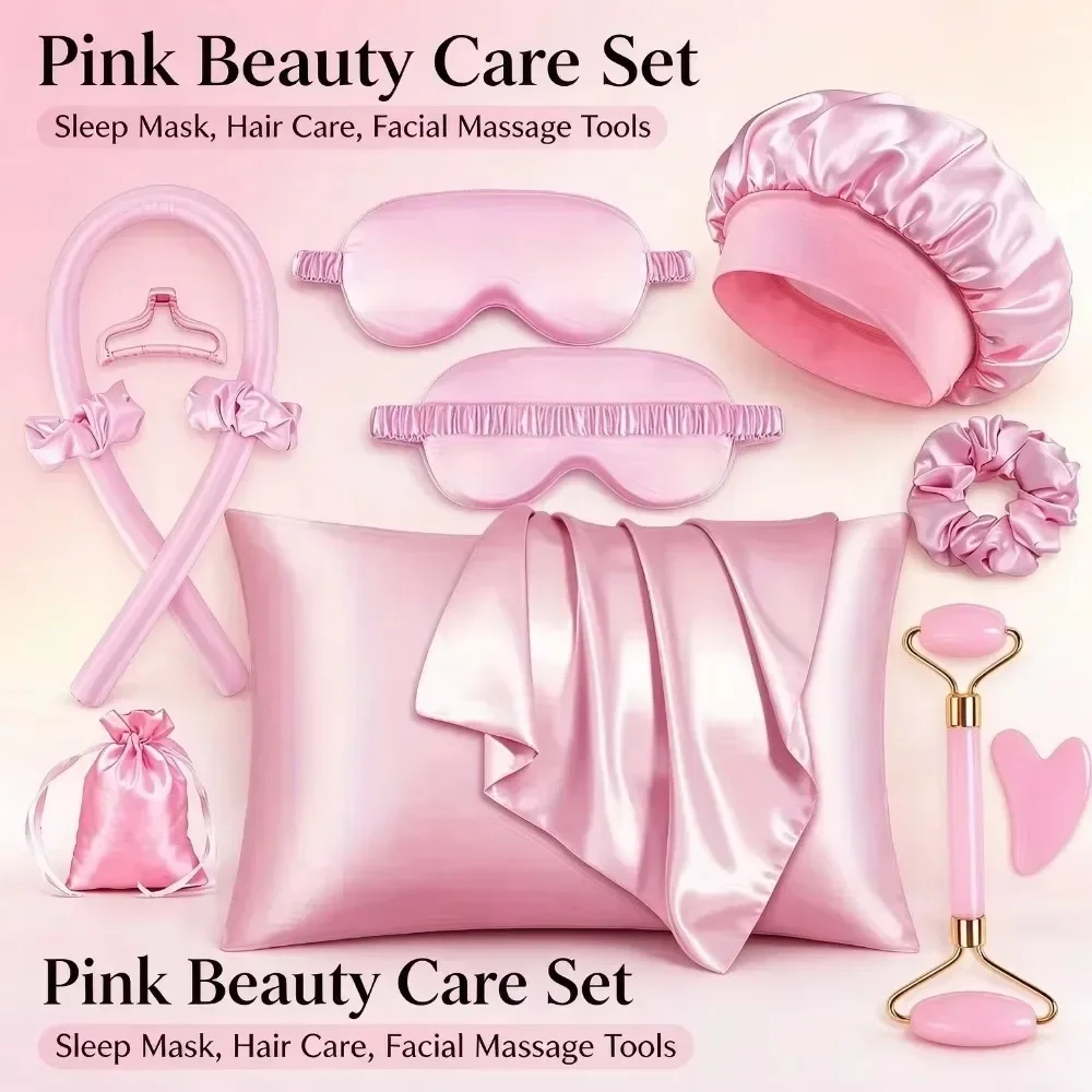 12/4Pcs No-Heat Curling Set Satin Hair Curler Rod with Scrunchies Claw Clips Eye Mask Bonnet Overnight Curls Gift for Women Pink