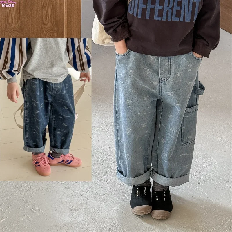 

New Arrival Unisex Toddler Cotton Denim Harem Pants 1-6Y Baby Girls Cartoon Print Rolled Cuffs Loose Comfy Daily Wear Kids Jeans